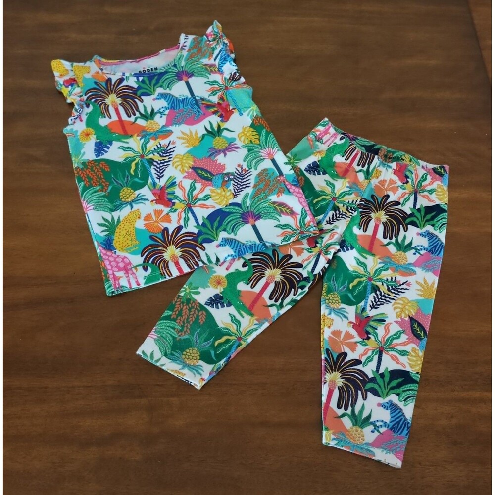 Mini Boden Girls  Boden Ivory Multi Jungle Cotton top & pants set size 7/8 GUC